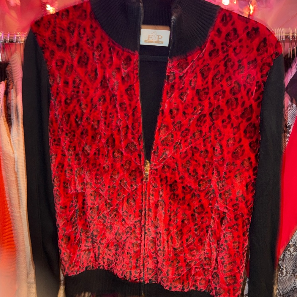 A Mermaid's Epiphany Red Leopard-Print Bomber Jacket with Black Sleeves - Picture 4 of 4
